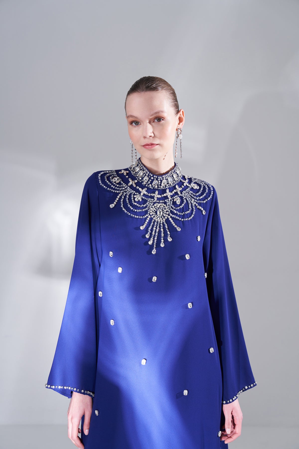 Ön Yaka Full Taş İşleme Detaylı Elbise - Morcivert