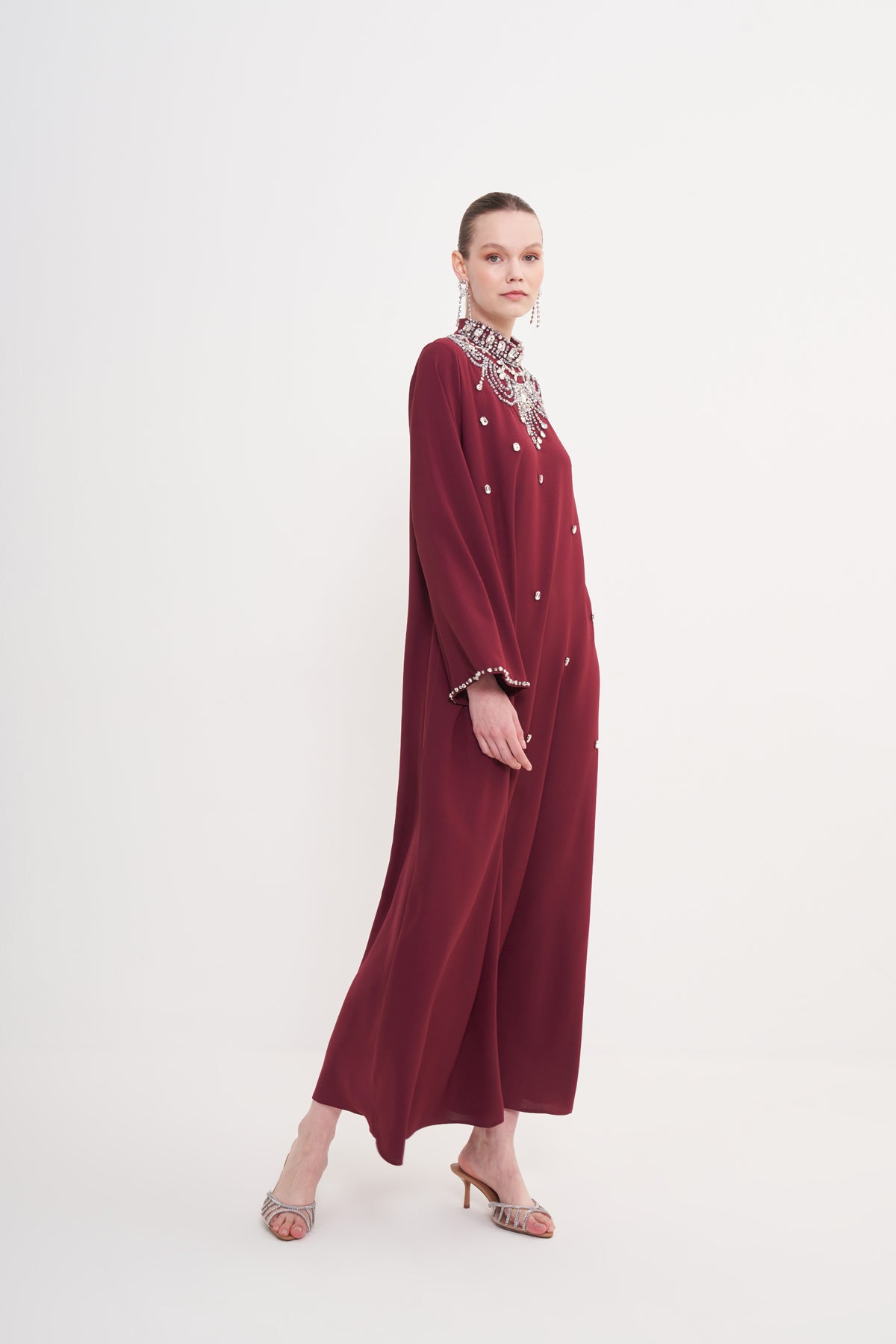 Ön Yaka Full Taş İşleme Detaylı Elbise - Bordo