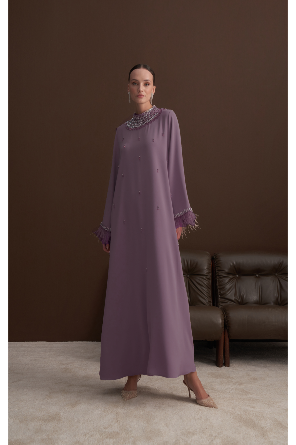 Kol Ucu ve Ön Yaka Boydan Taş İşleme Detaylı Elbise - mor