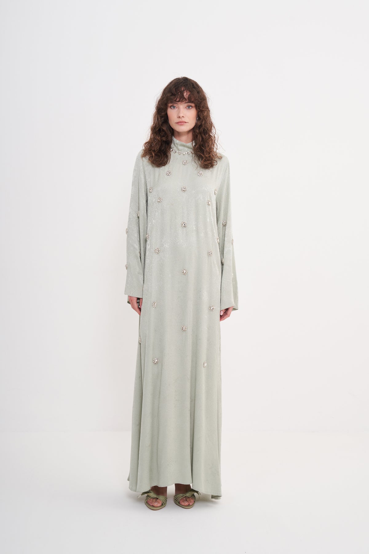 Boydan Taş İşleme Detaylı Elbise - mint yeşili