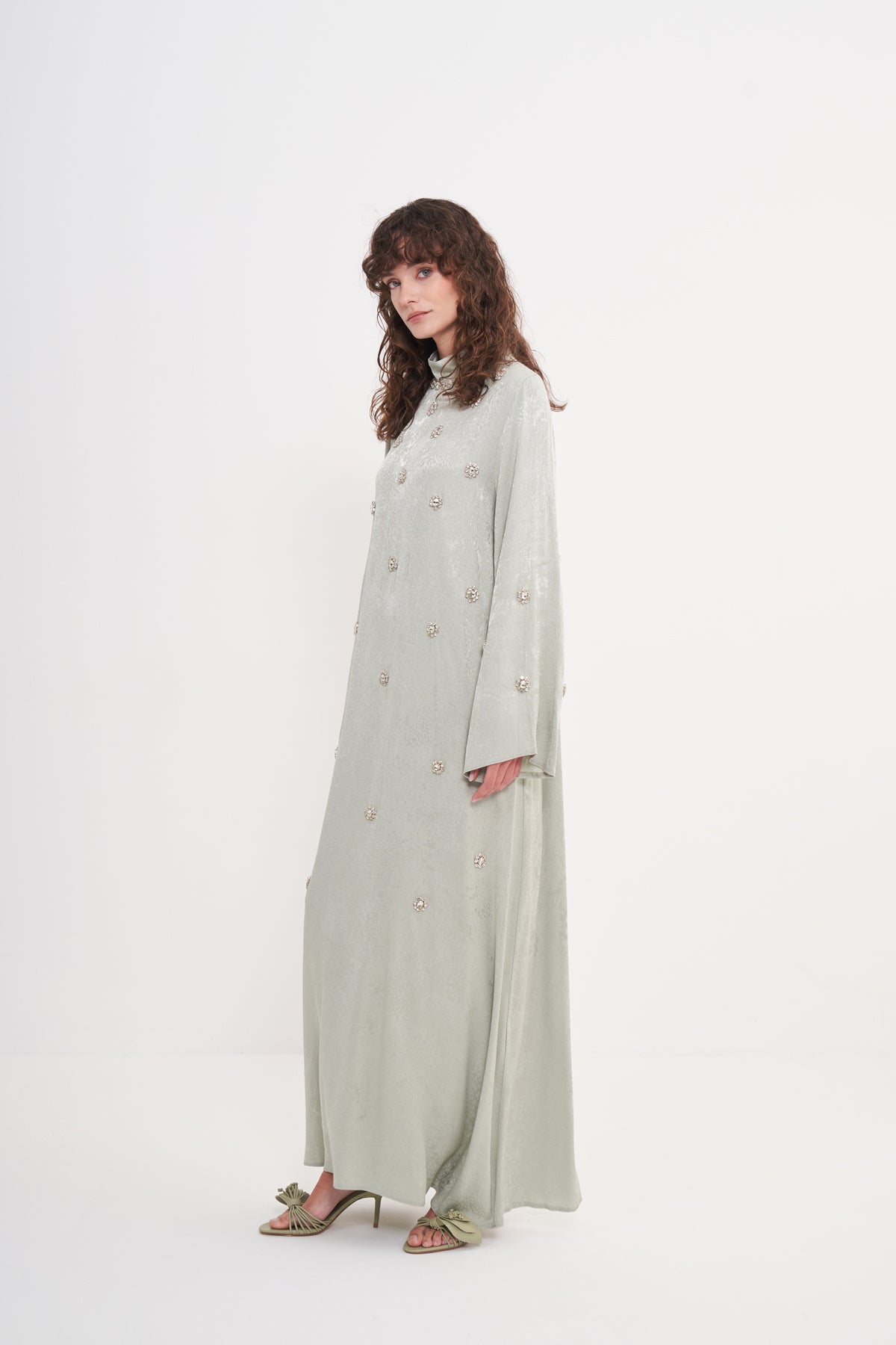 Boydan Taş İşleme Detaylı Elbise - mint yeşili