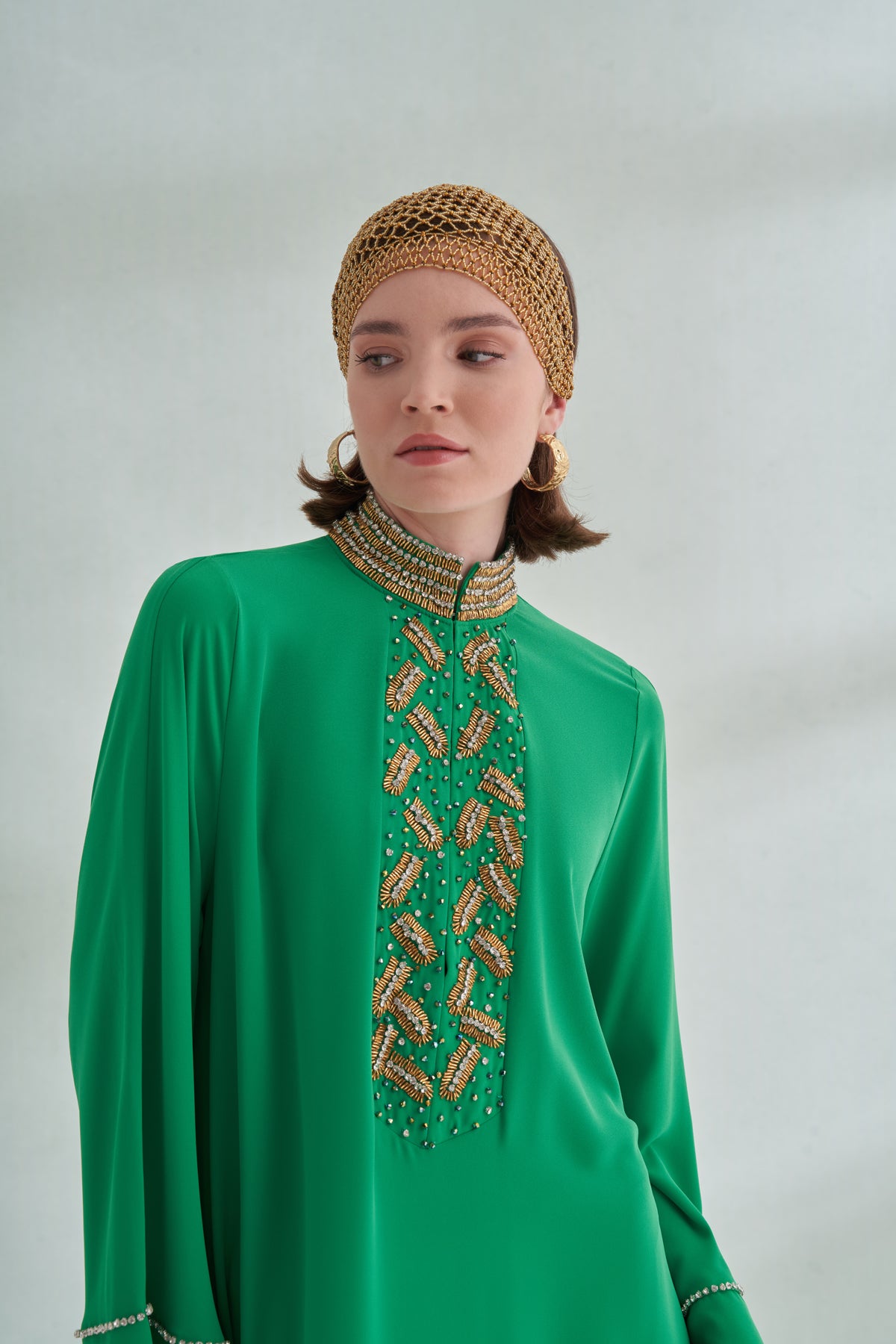 Ön Yaka El İşi Boncuk Detaylı Elbise - benetton yeşili