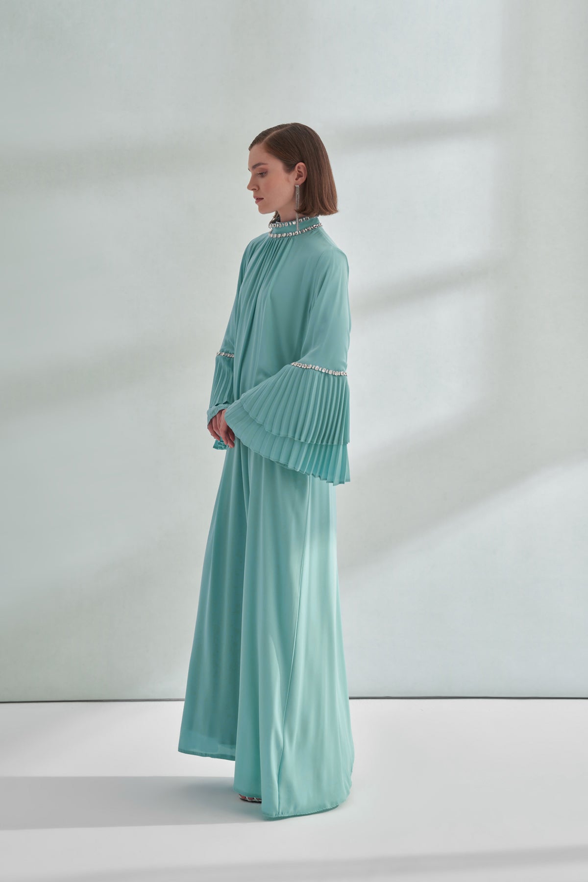Taş ve Kolları Pilise Detaylı Elbise - turkuaz