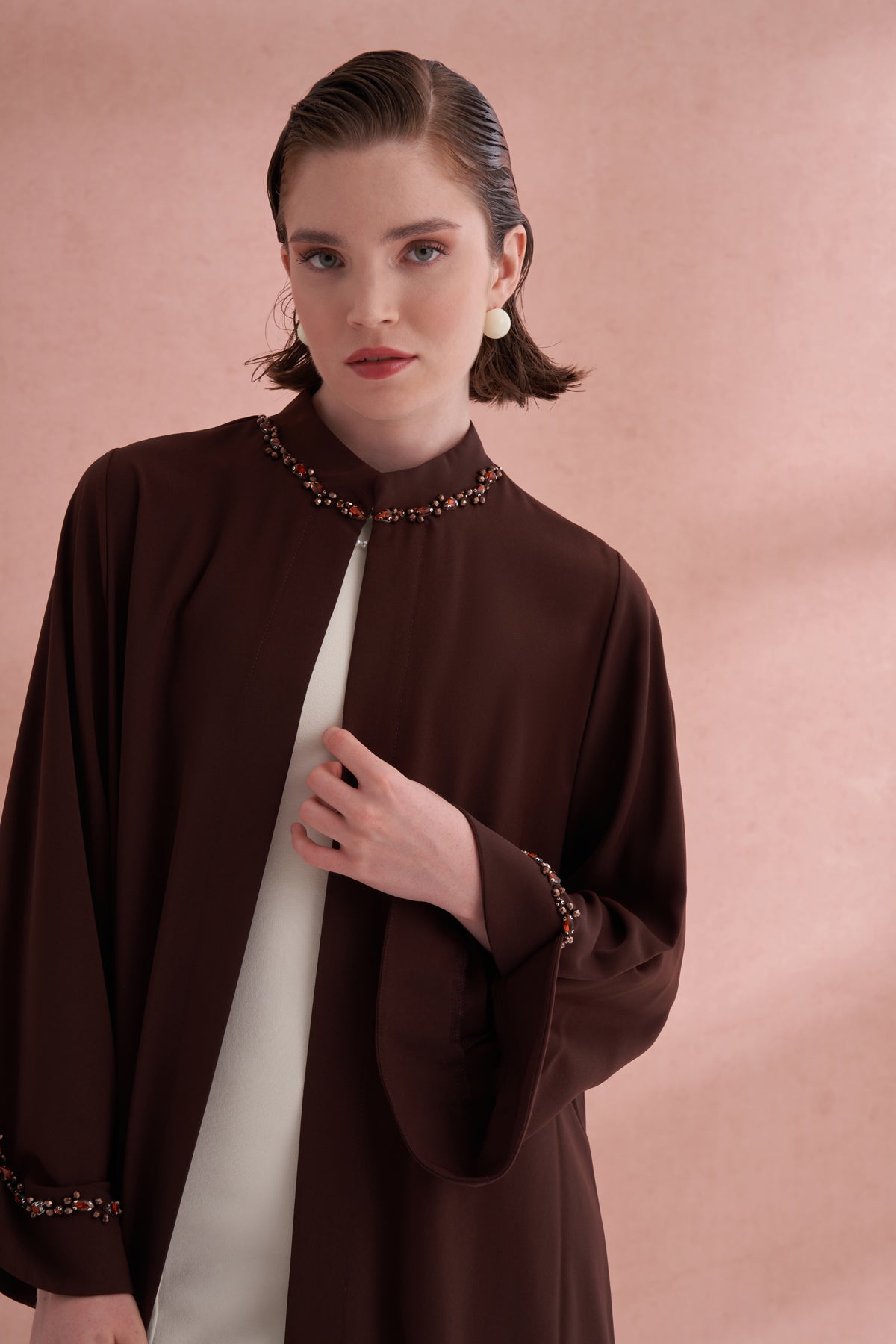El İşi Detaylı Krep Abaya - kahve