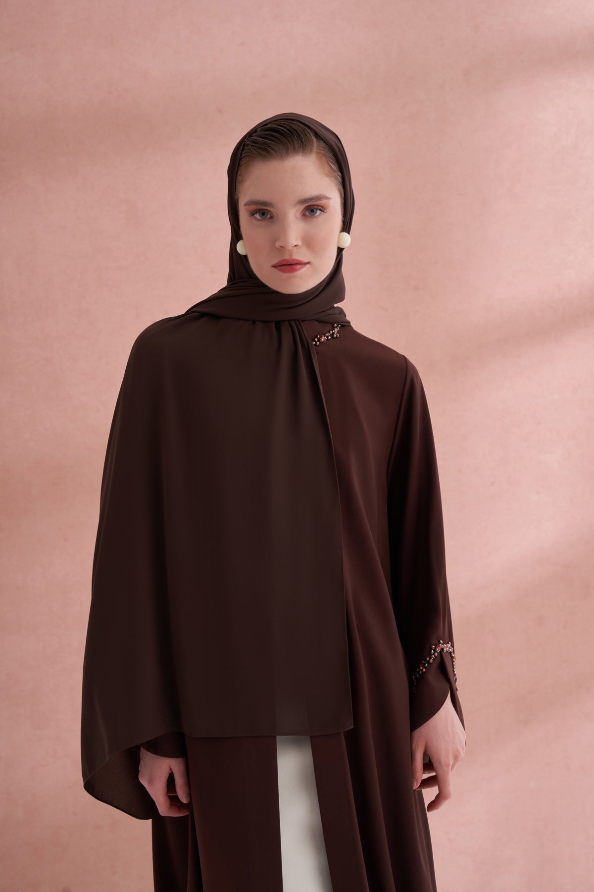 El İşi Detaylı Krep Abaya - kahve