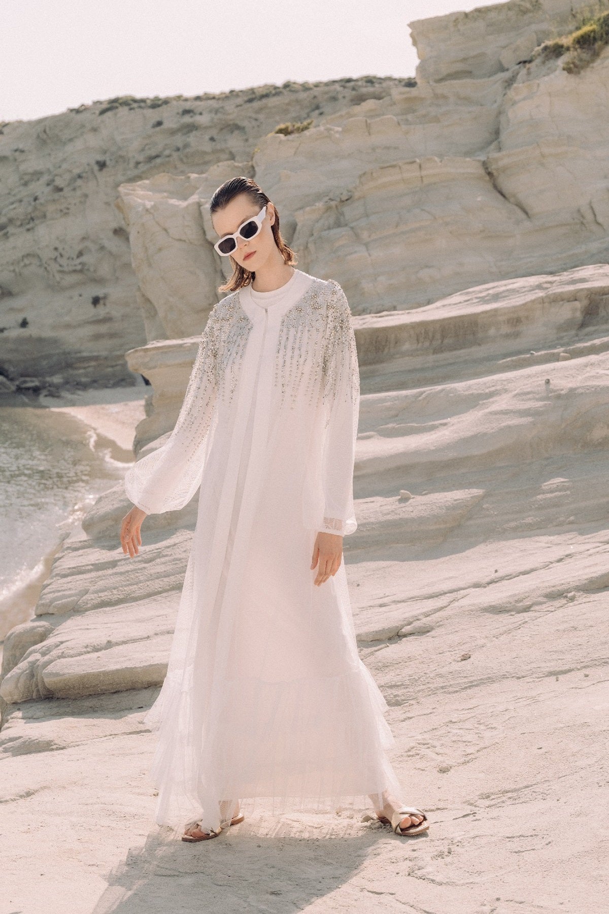 İncili Tül Abaya - ekru