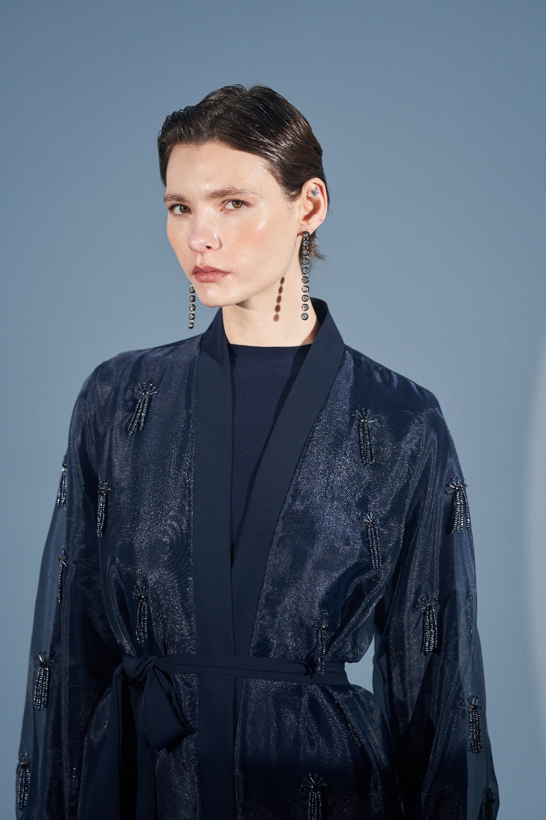 Boydan El İşi Boncuk Detaylı Organze Abaya - lacivert