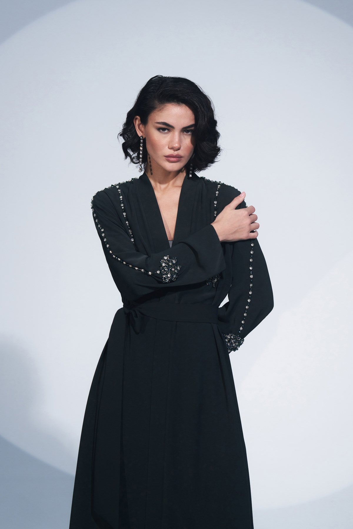 Kol ve Ön Arka El İşi Boncuk İşlemeli Abaya - zümrüt