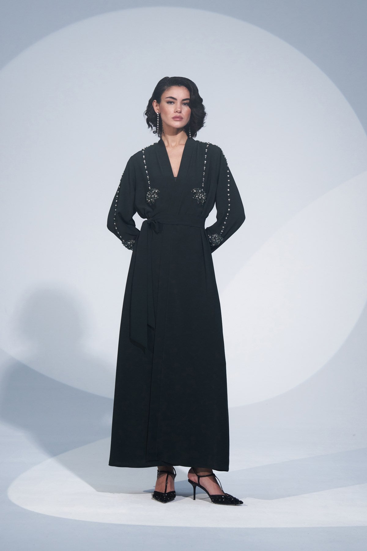 Kol ve Ön Arka El İşi Boncuk İşlemeli Abaya - zümrüt