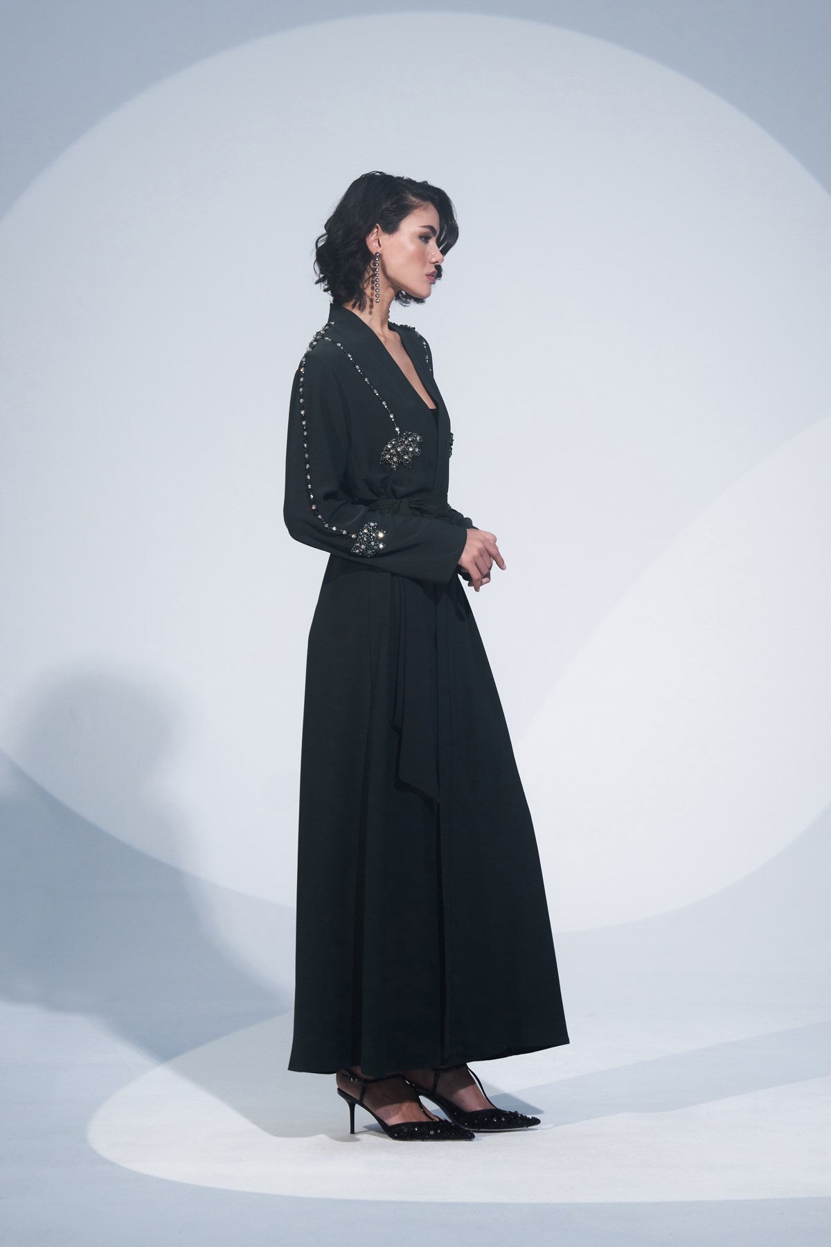 Kol ve Ön Arka El İşi Boncuk İşlemeli Abaya - zümrüt