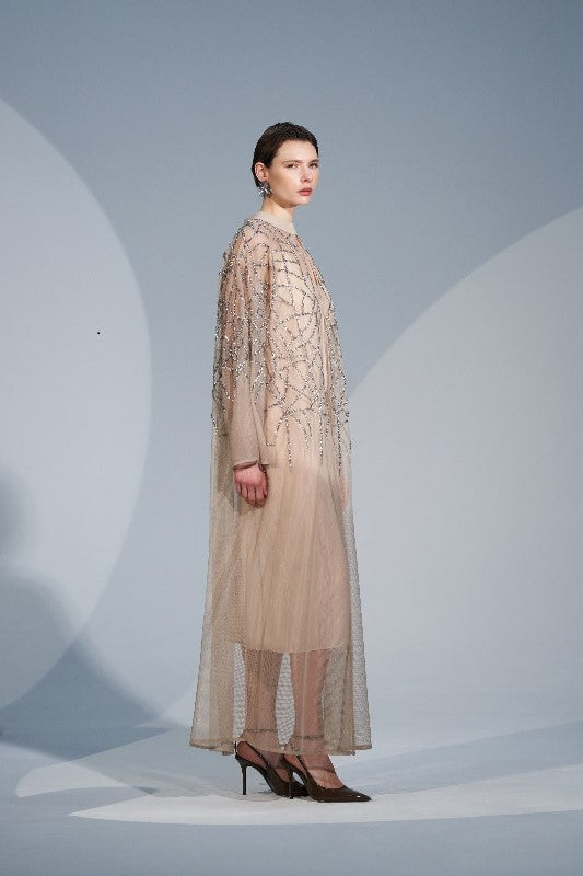 Taş Baskı Karışık Desenli Tül Abaya - bej