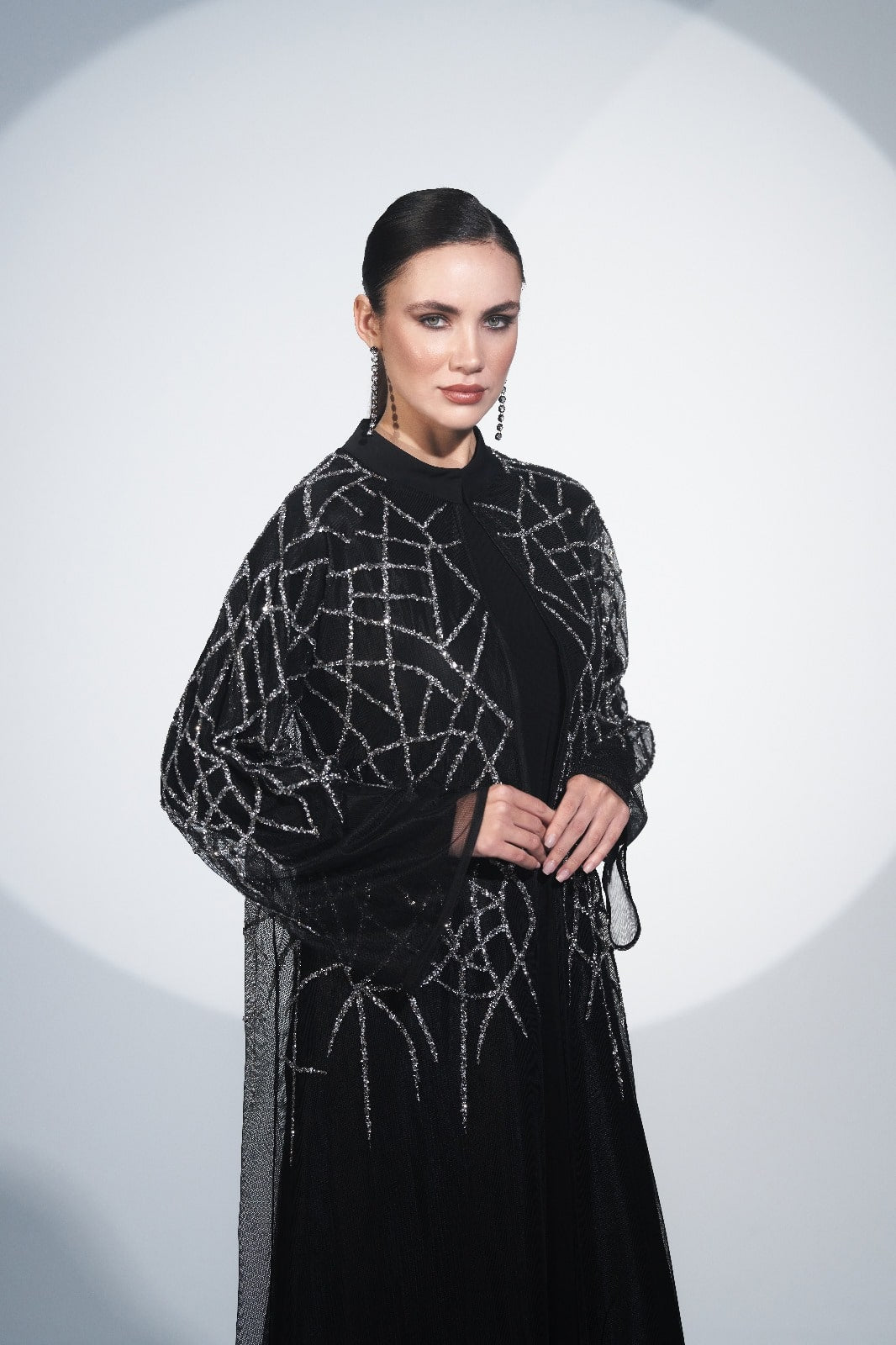Taş Baskı Karışık Desenli Tül Abaya - siyah