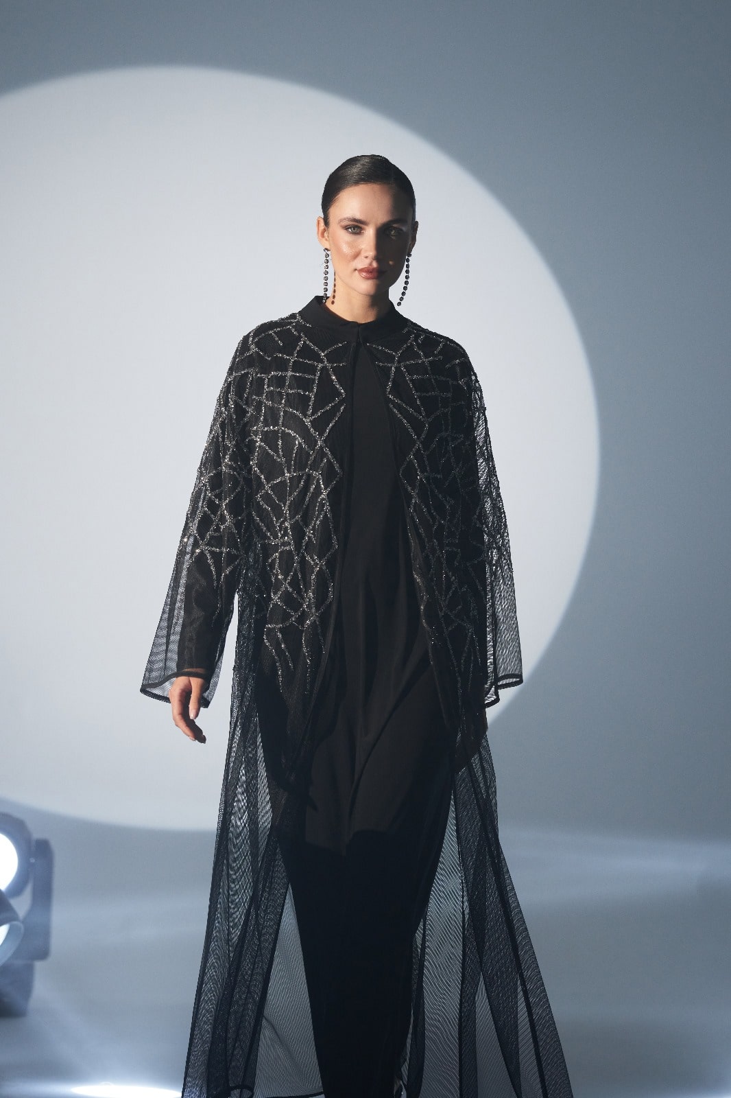 Taş Baskı Karışık Desenli Tül Abaya - siyah