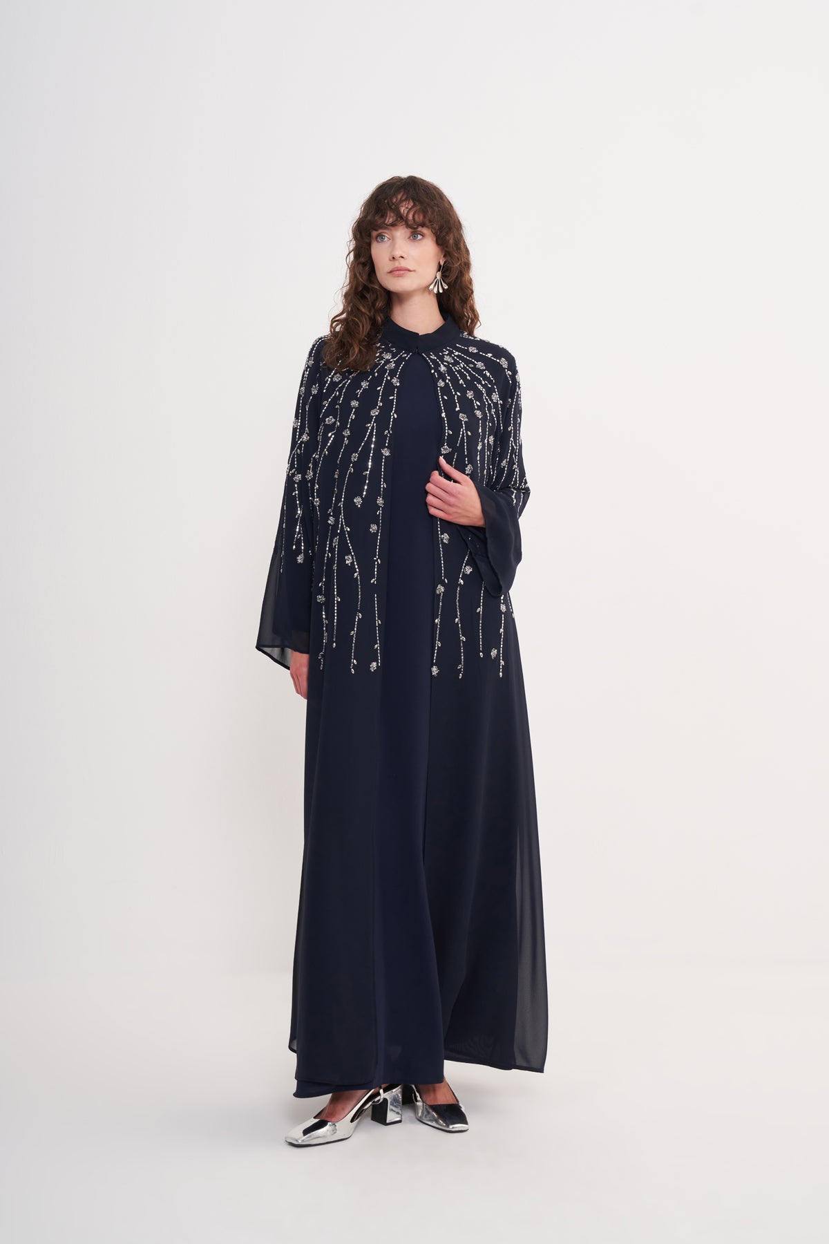 Taş Baskılı Gümüş Boncuk Detaylı Abaya - Lacivert