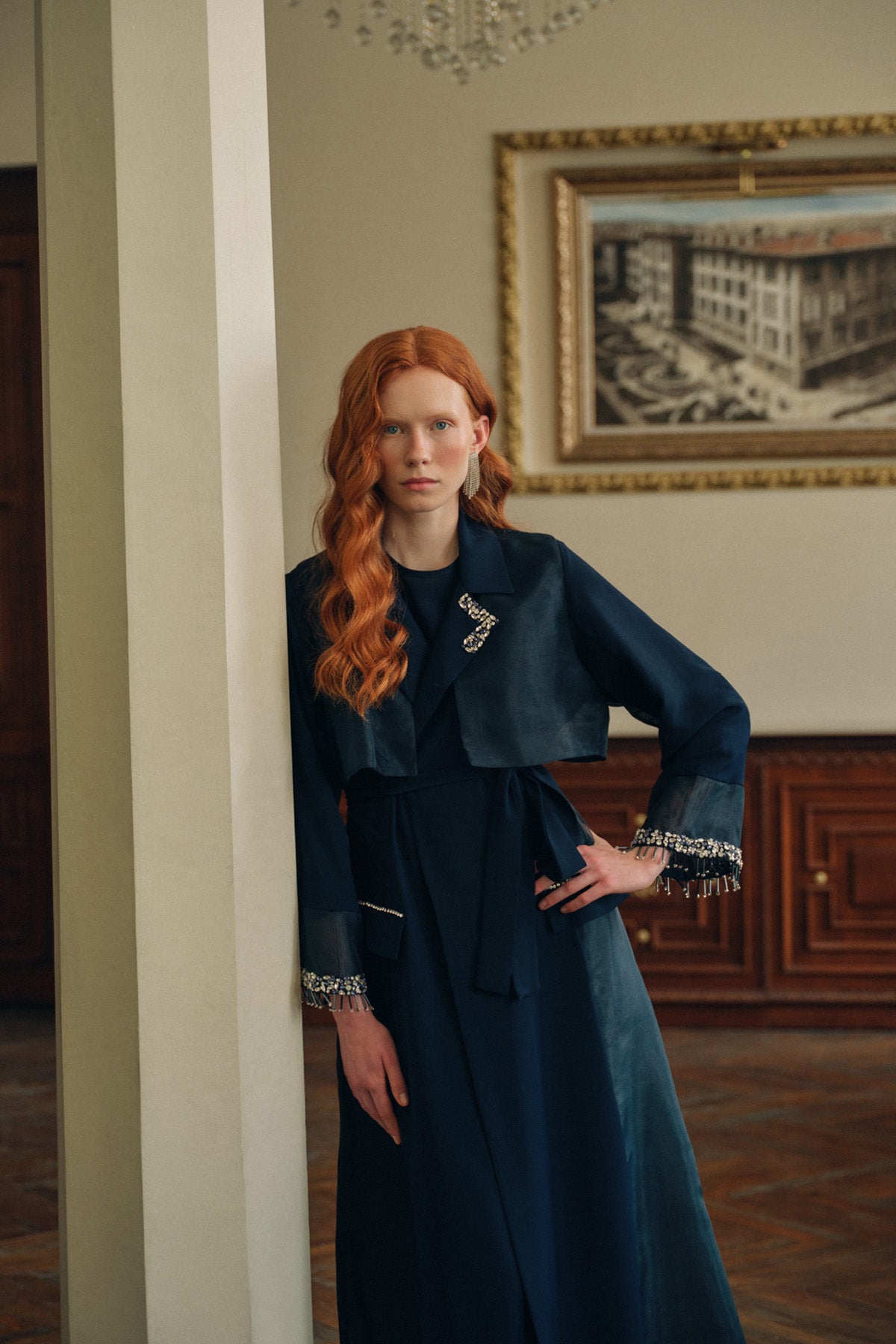 Yaka ve Kol Uçları Taş İşleme Detaylı Ceket Yaka Abaya - lacivert