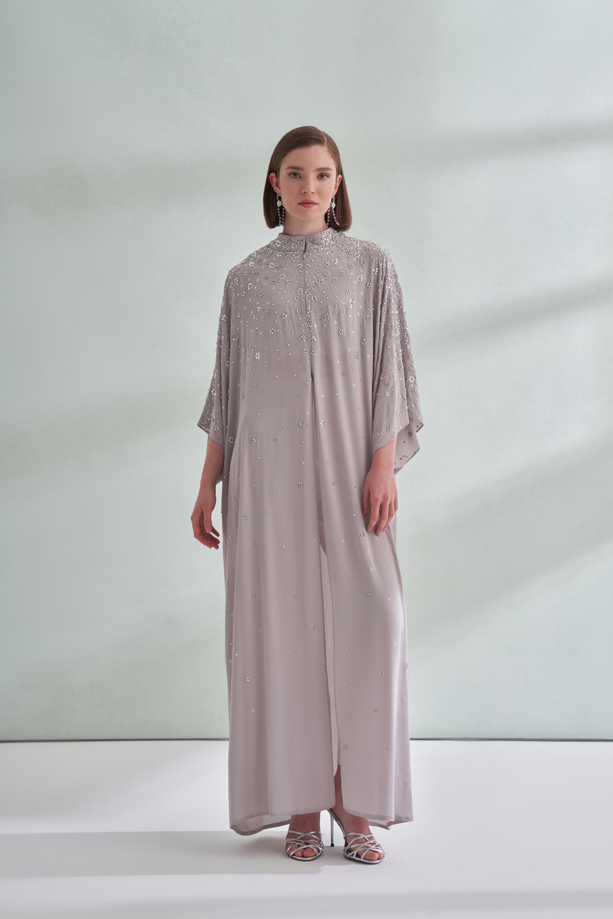 Çiçek Boncuk Taş Baskılı Femuar Detaylı Abaya - taş