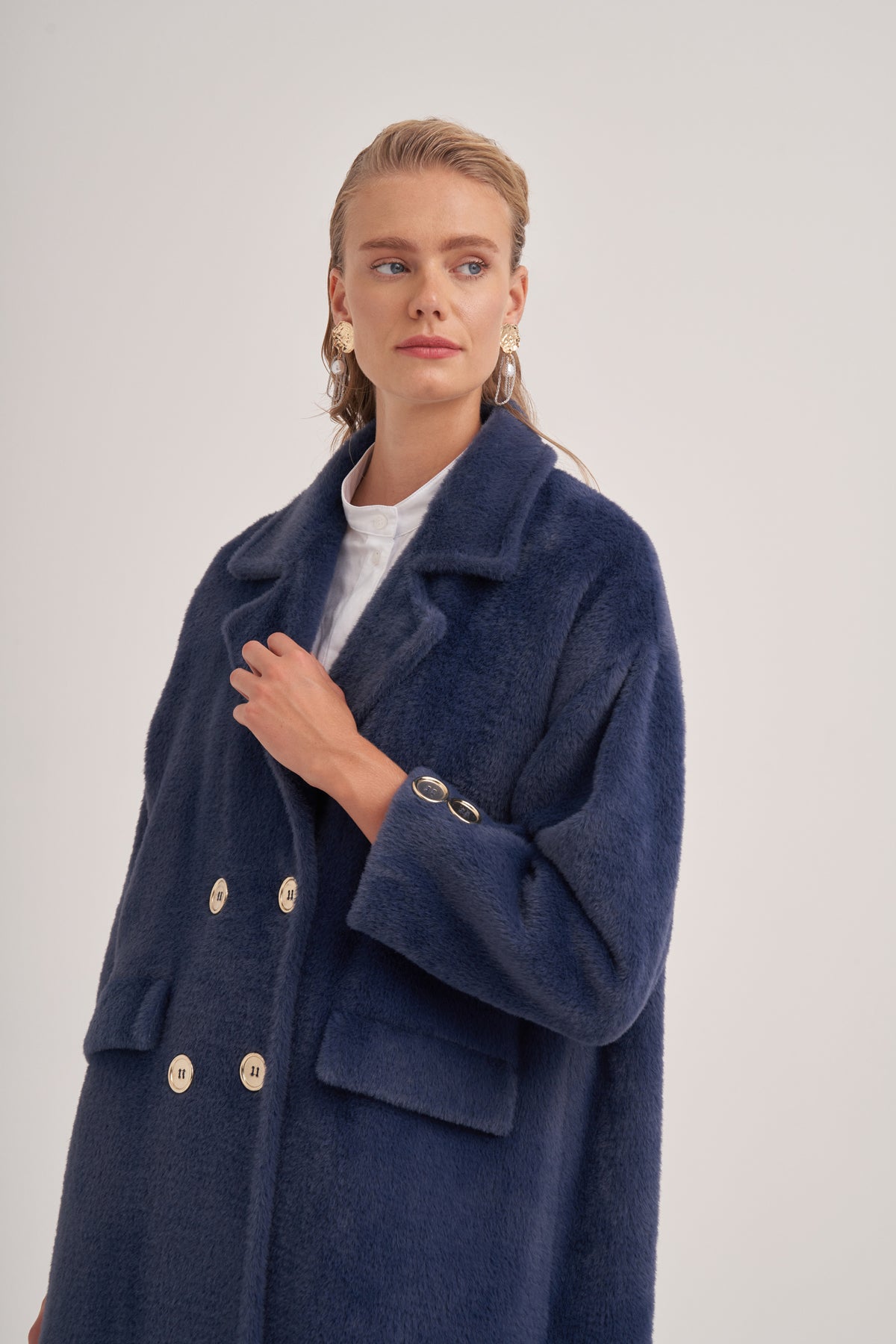 Kol Detaylı Oversize Angora Kaban - lacivert