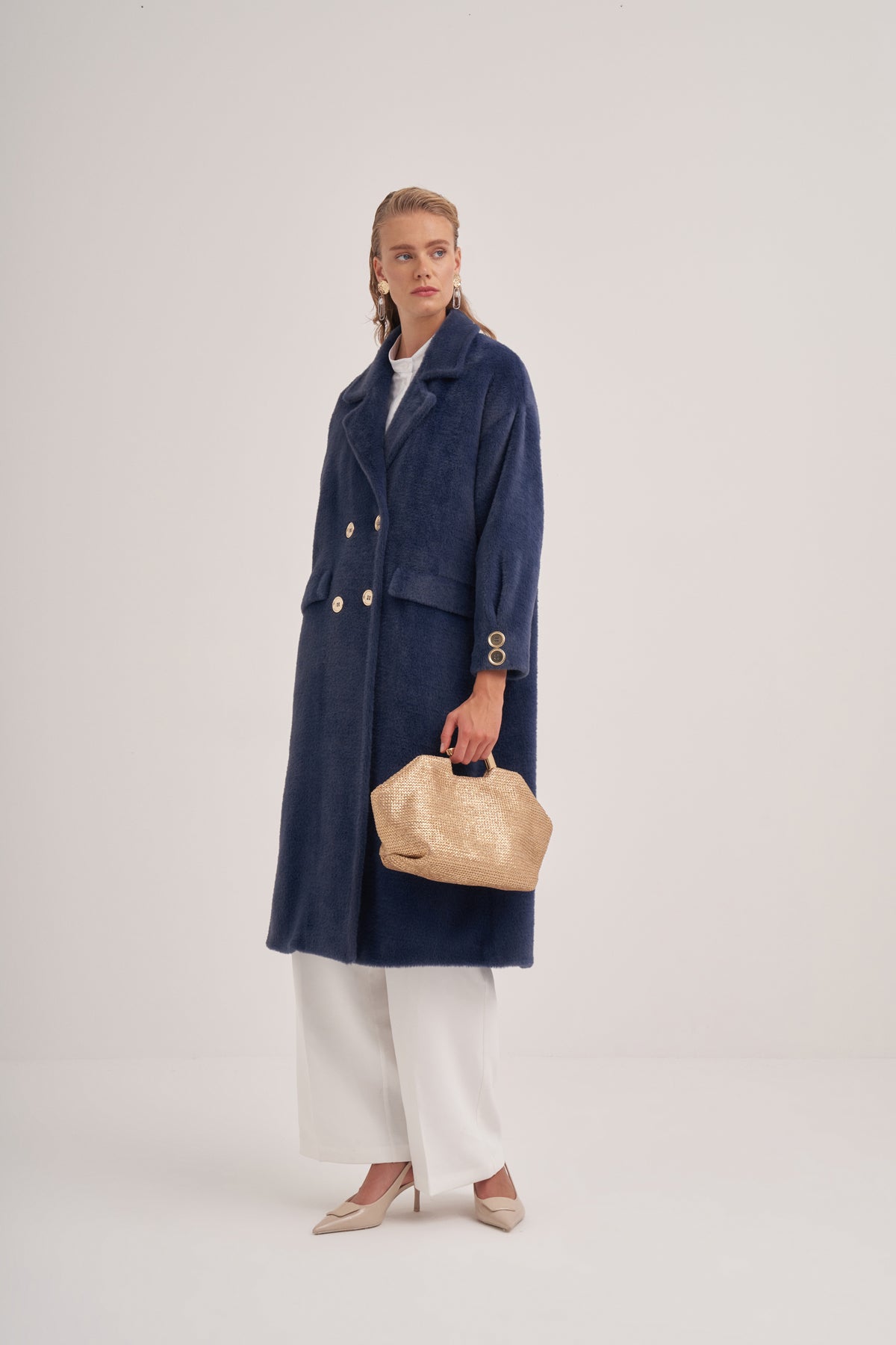 Kol Detaylı Oversize Angora Kaban - lacivert