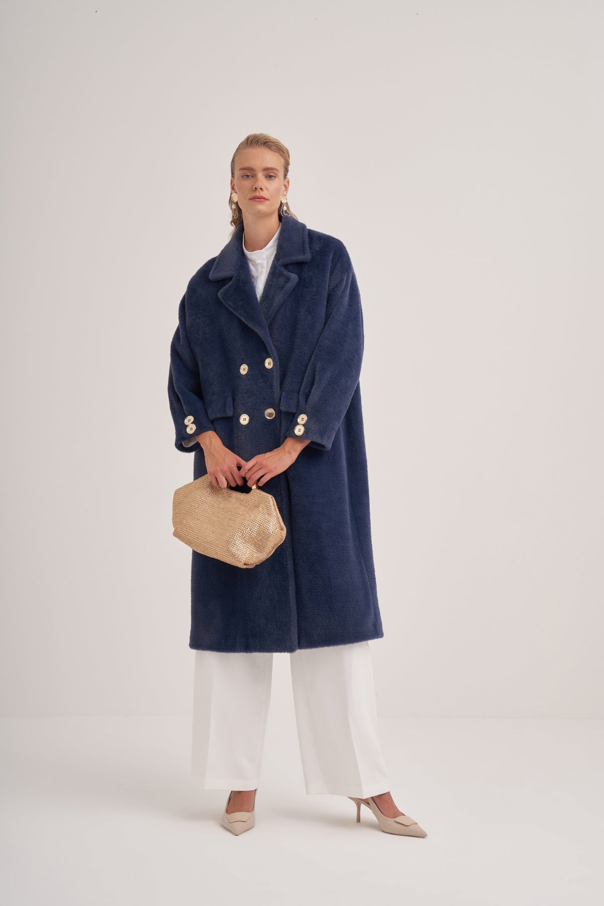 Kol Detaylı Oversize Angora Kaban - lacivert