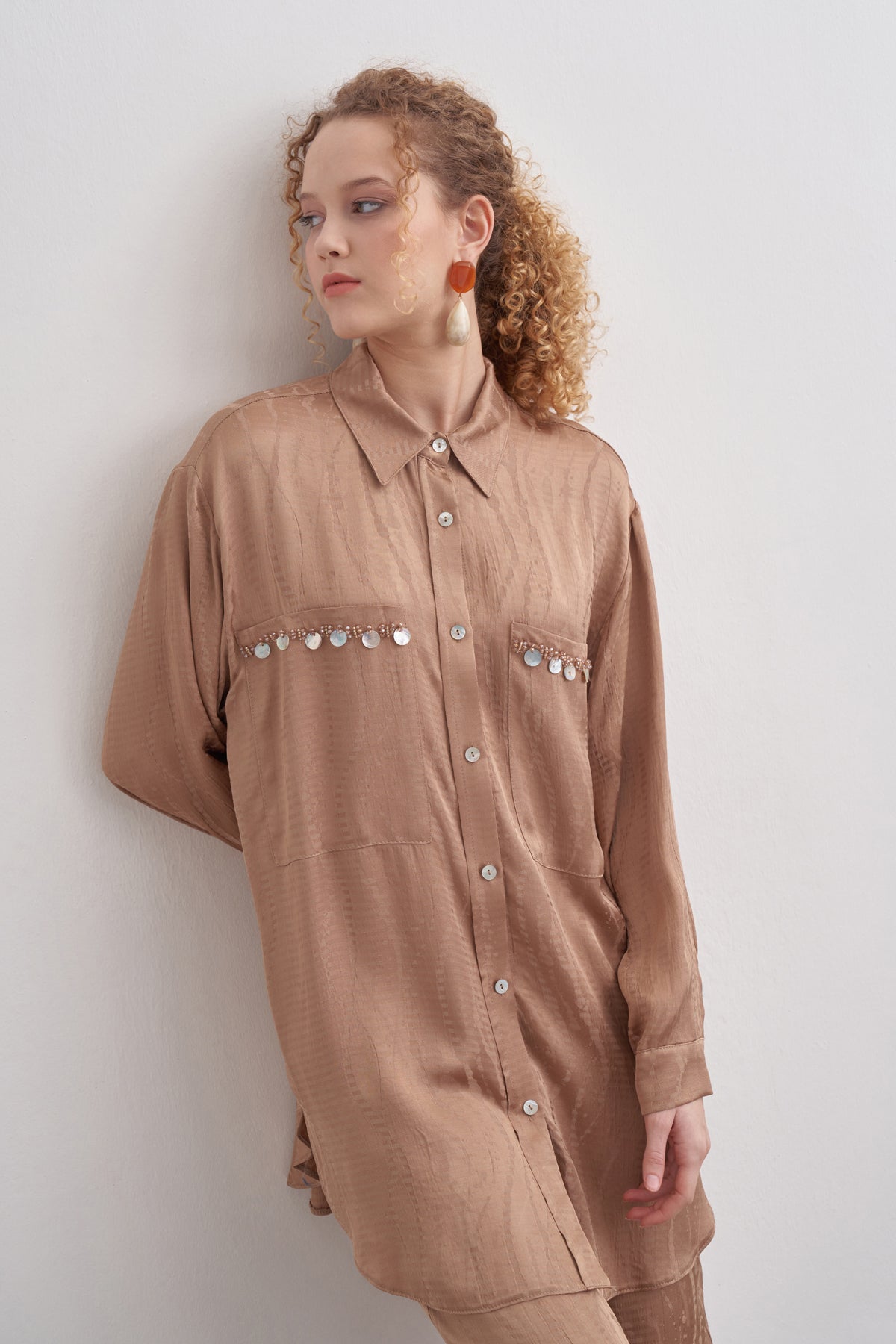 Sedef İşleme Detaylı Oversize Pantolonlu Takım - camel