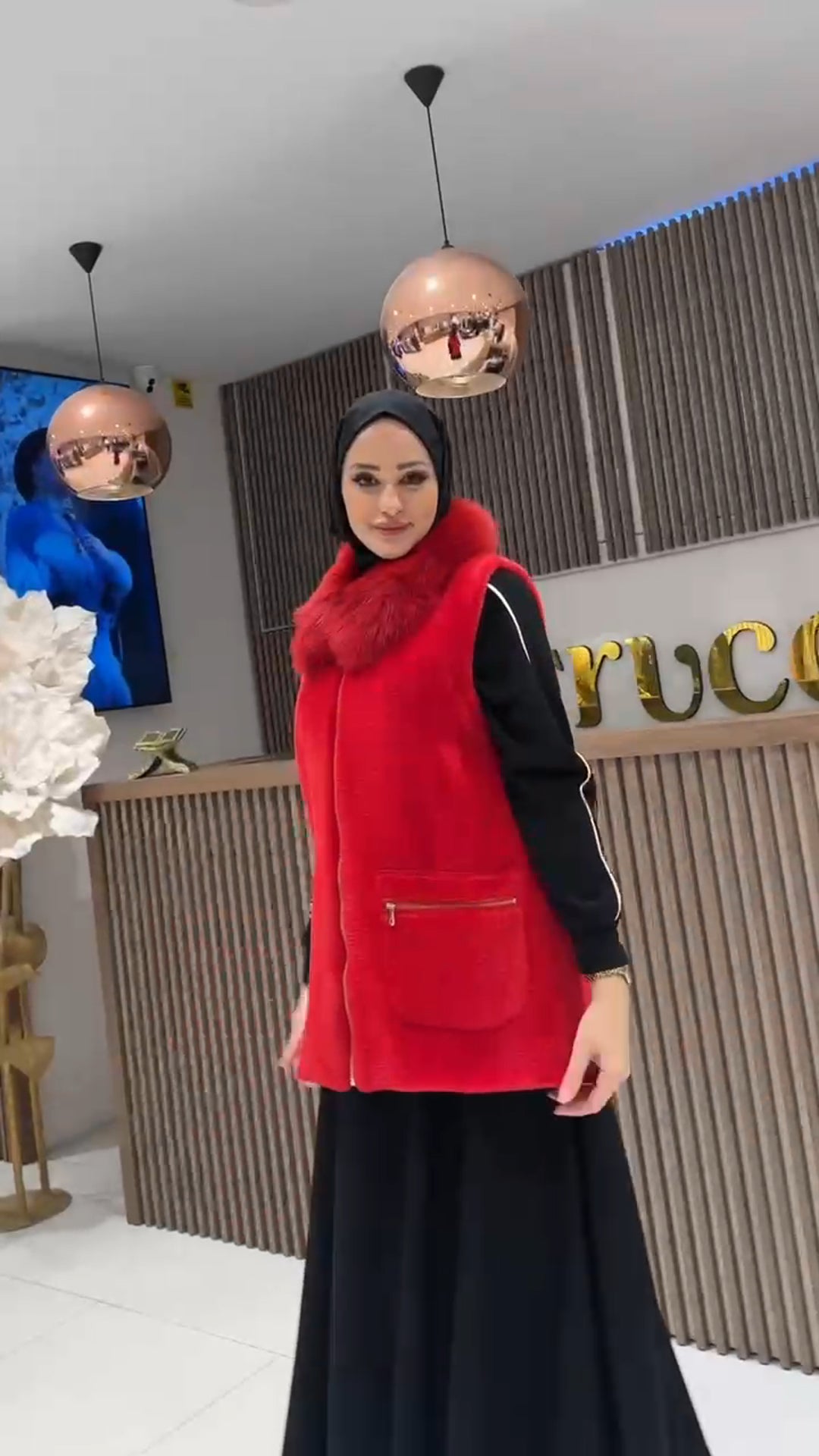 Kürk Yakalı Angora Yelek - kırmızı