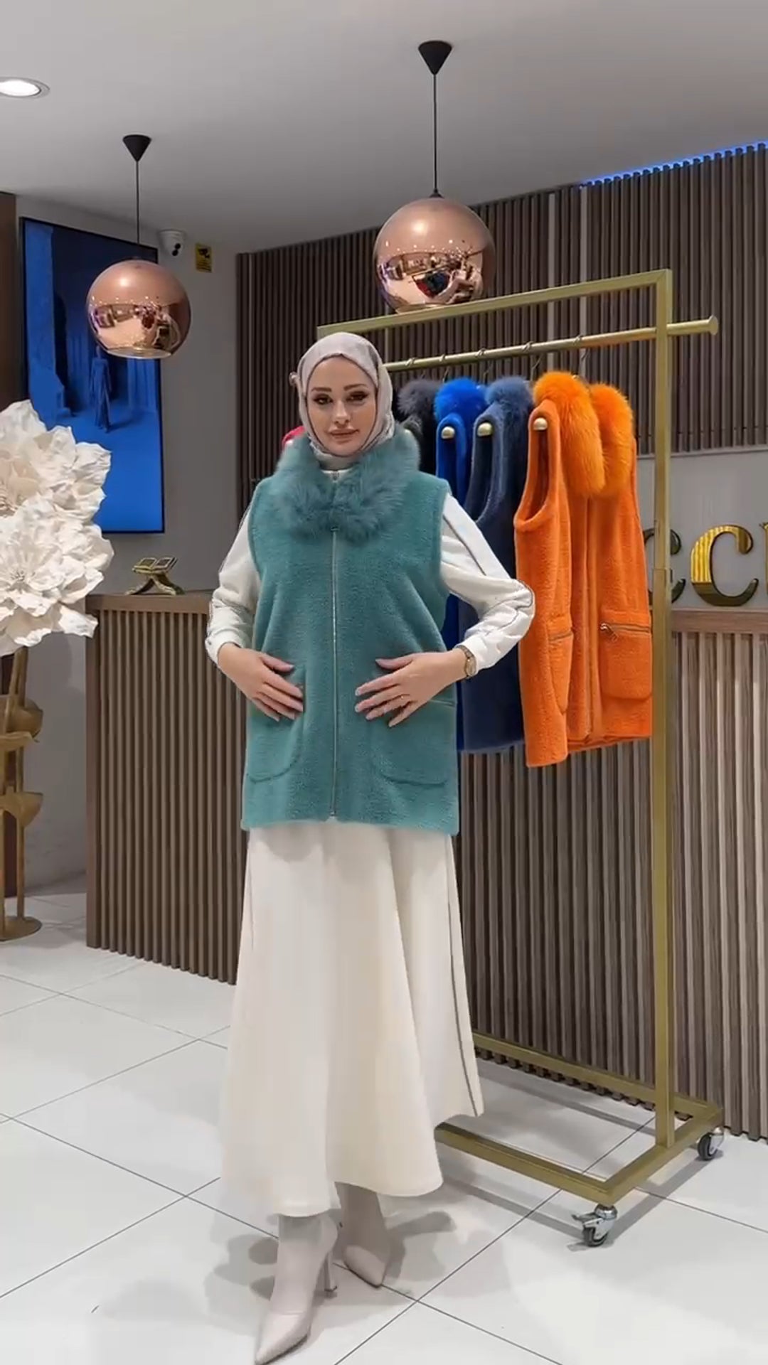 Kürk Yakalı Angora Yelek - mint yeşili
