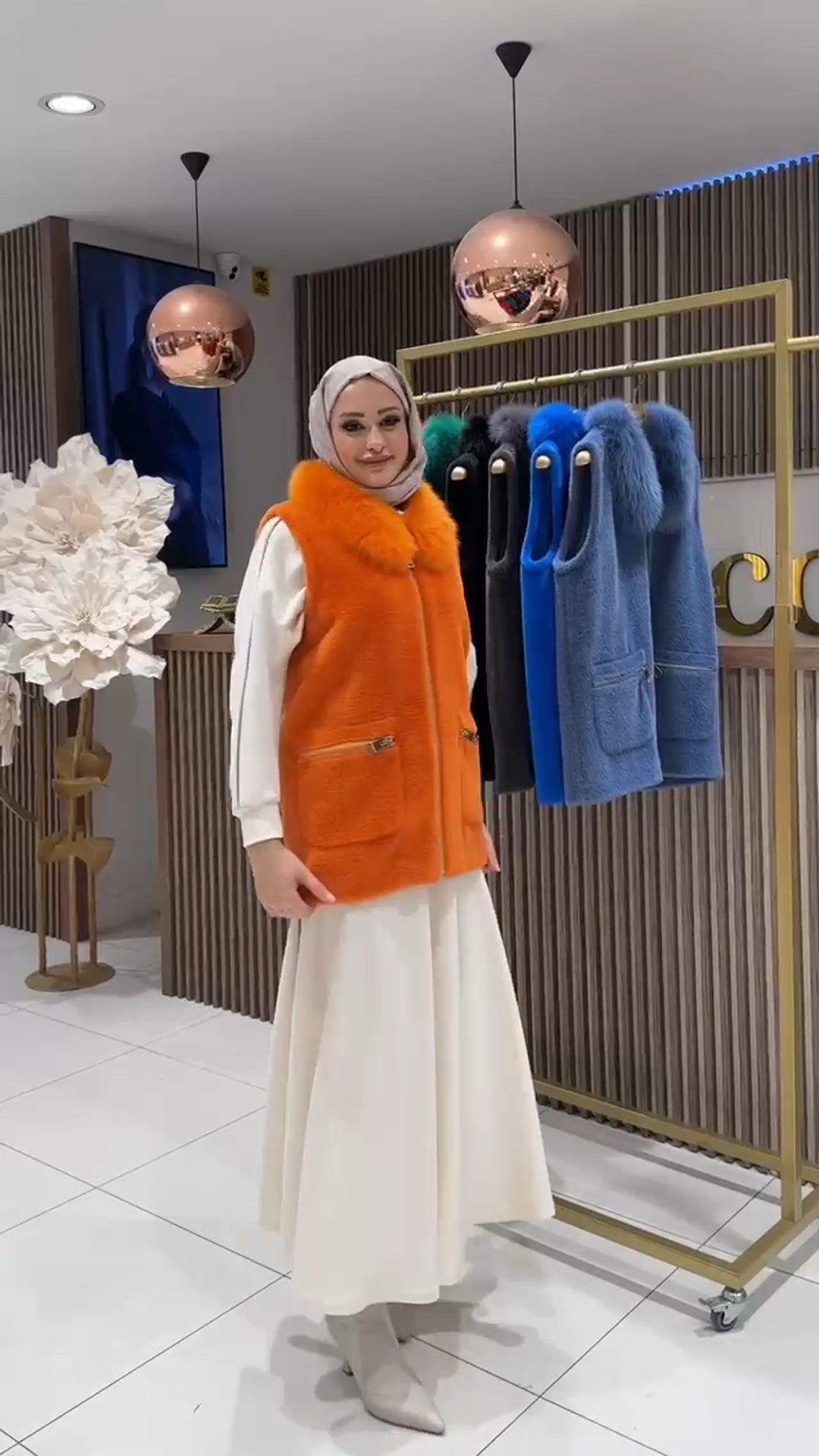 Kürk Yakalı Angora Yelek - orange