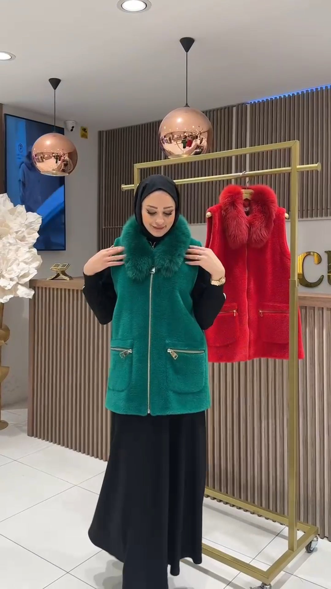 Kürk Yakalı Angora Yelek - yeşil