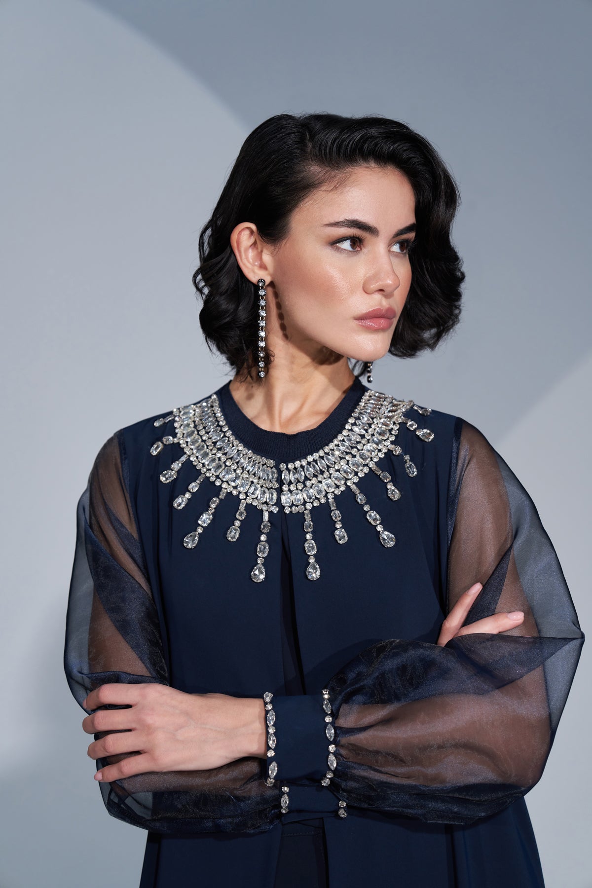 Kol Uçları ve Yaka El İşi Taş İşleme Detaylı Abaya - lacivert