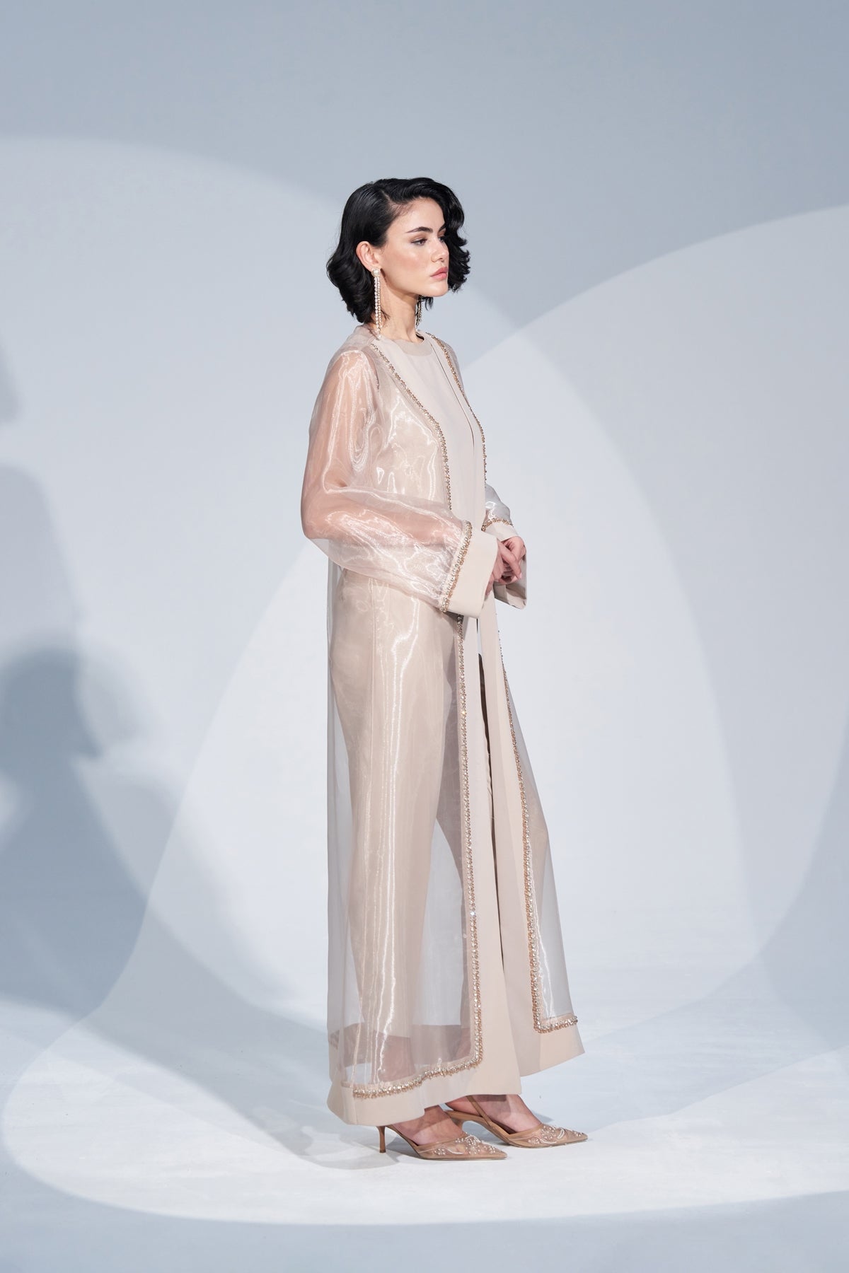 Taş İşlemeli Organze Abaya - bej