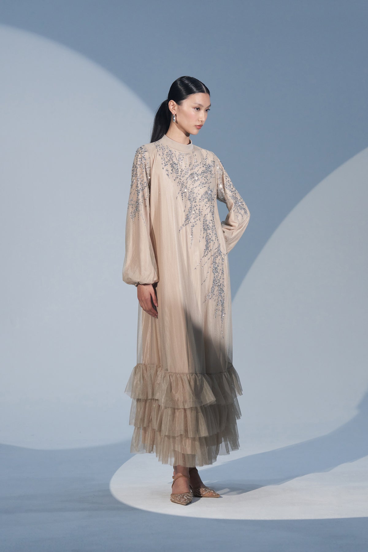 Taş Baskılı Eteği Fırfır Detaylı Tül Elbise - bej