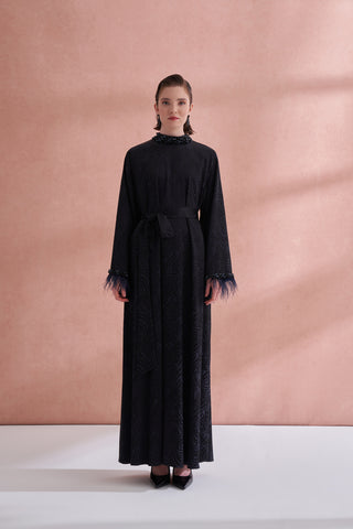 Taş Ve Tüy Detaylı Jakarlı Elbise - siyah lacivert