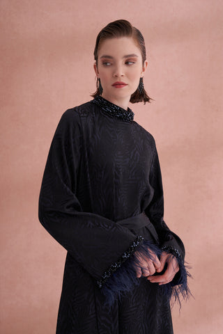 Taş Ve Tüy Detaylı Jakarlı Elbise - siyah lacivert