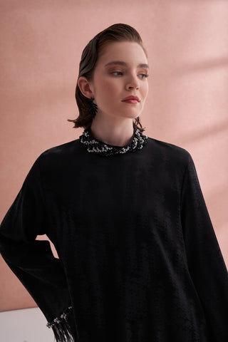 Taş Ve Tüy Detaylı Jakarlı Elbise - siyah2