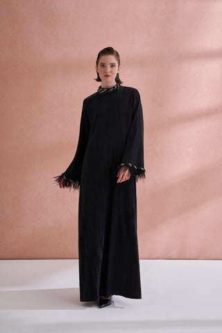 Taş Ve Tüy Detaylı Jakarlı Elbise - siyah2