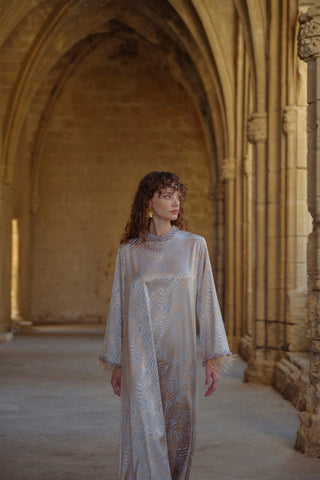 Taş Ve Tüy Detaylı Jakarlı Elbise - Bej mavi