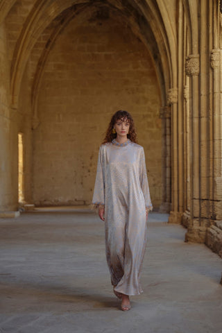 Taş Ve Tüy Detaylı Jakarlı Elbise - Bej mavi