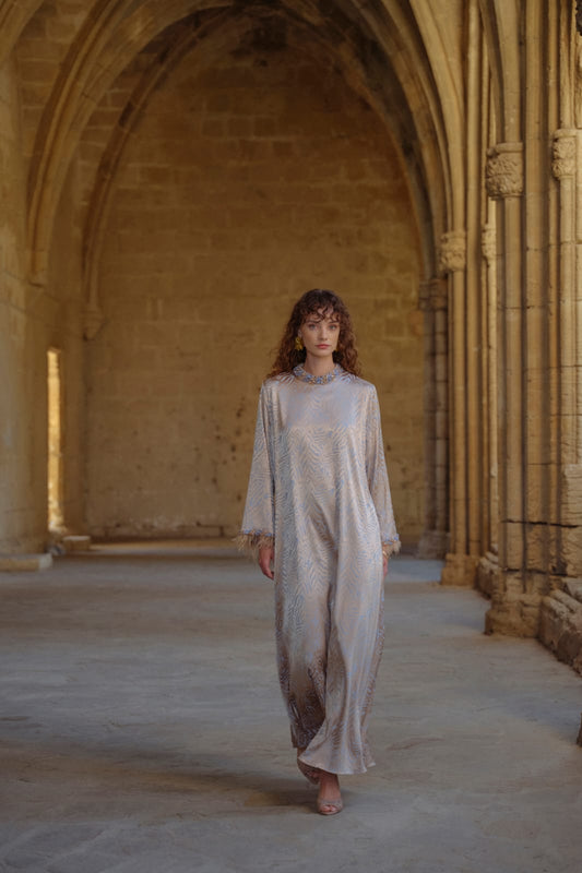 Taş Ve Tüy Detaylı Jakarlı Elbise - Bej mavi