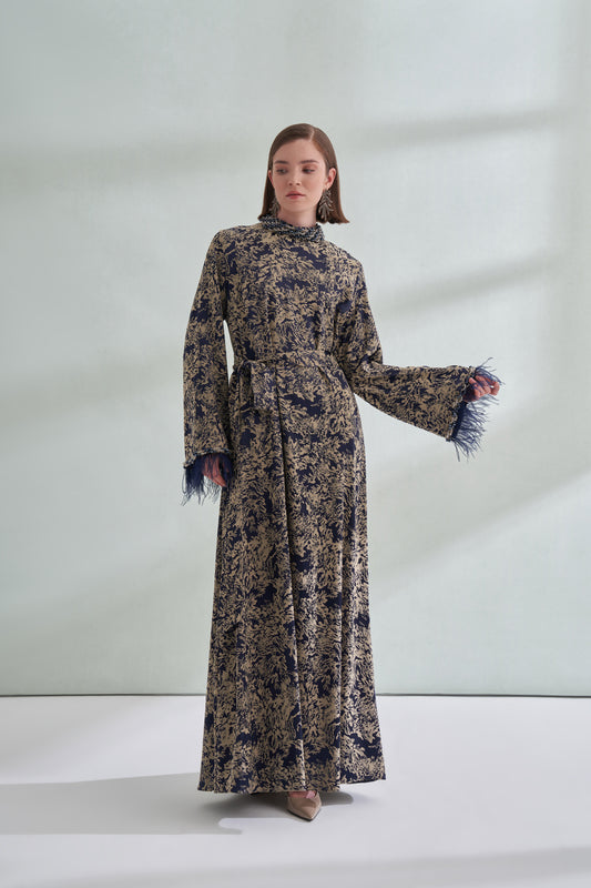 Taş Ve Tüy Detaylı Jakarlı Elbise - lacivert bej