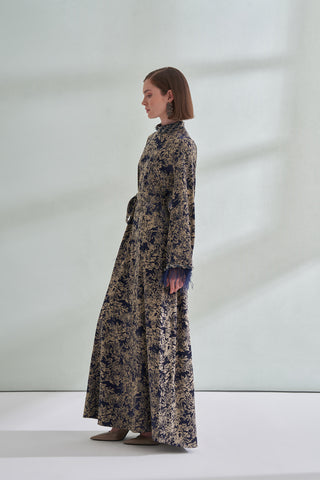 Taş Ve Tüy Detaylı Jakarlı Elbise - lacivert bej