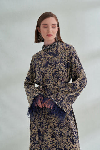 Taş Ve Tüy Detaylı Jakarlı Elbise - lacivert bej