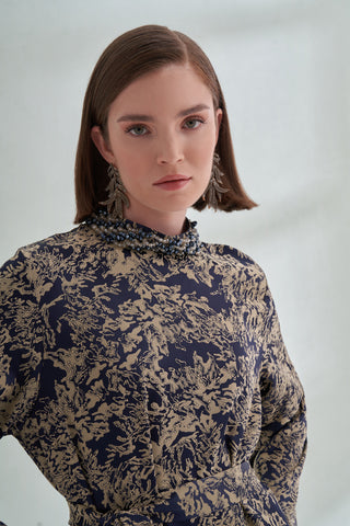 Taş Ve Tüy Detaylı Jakarlı Elbise - lacivert bej