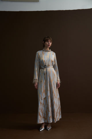 Taş Ve Tüy Detaylı Jakarlı Elbise - mavi