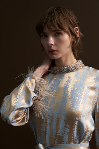 Taş Ve Tüy Detaylı Jakarlı Elbise - mavi