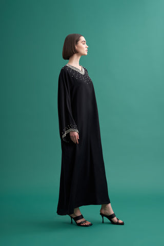 Taş Detaylı Yarasa Kol Elbise - Siyah