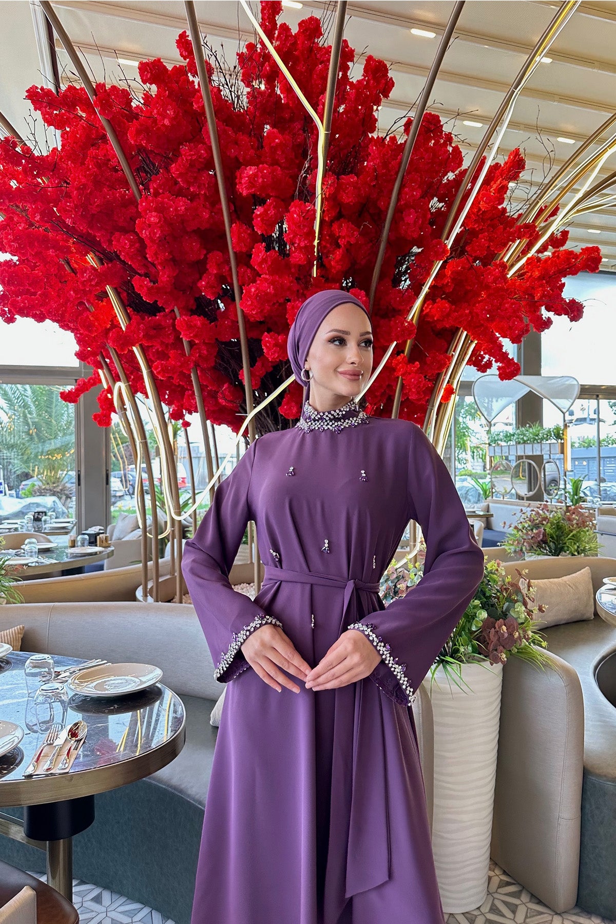 Full Taş Detaylı Elbise - Mürdüm