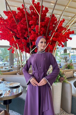 Full Taş Detaylı Elbise - Mürdüm