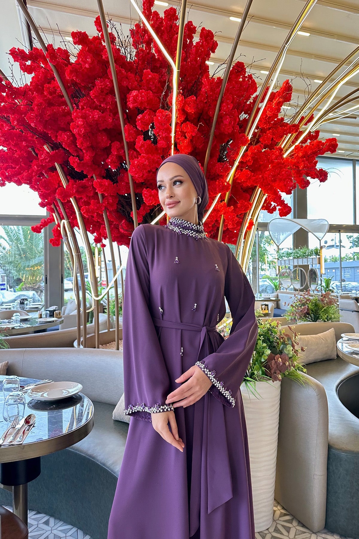 Full Taş Detaylı Elbise - Mürdüm