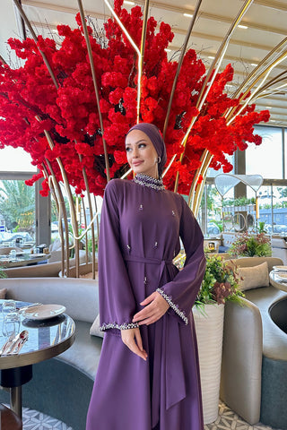 Full Taş Detaylı Elbise - Mürdüm