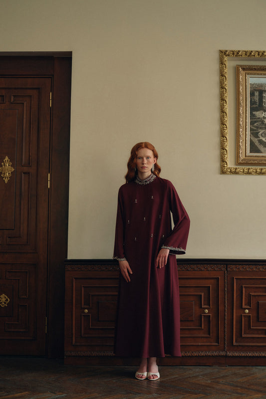 Full Taş Detaylı Elbise - Bordo